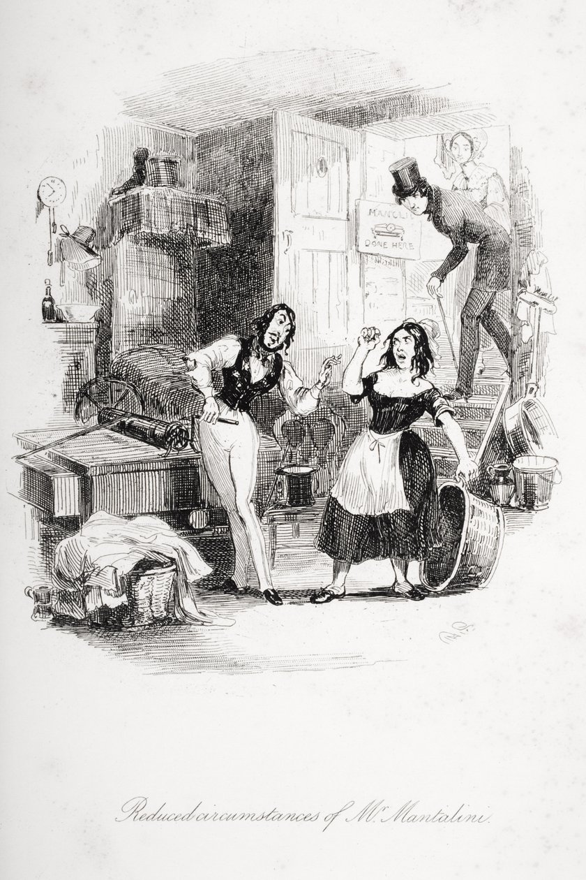 Zredukowane okoliczności panowania Mantaliniego, ilustracja z „Nicholas Nickleby” Charlesa Dickensa (1812-70) opublikowana w 1839 r. autorstwa Hablot Knight Browne