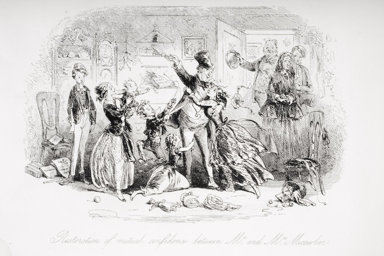 Przywrócenie wzajemnego zaufania między panem i panią Micawber, ilustracja z "Dawida Copperfielda" Charlesa Dickensa (1812-70) opublikowana po raz pierwszy w 1850 r. (lito) autorstwa Hablot Knight Browne