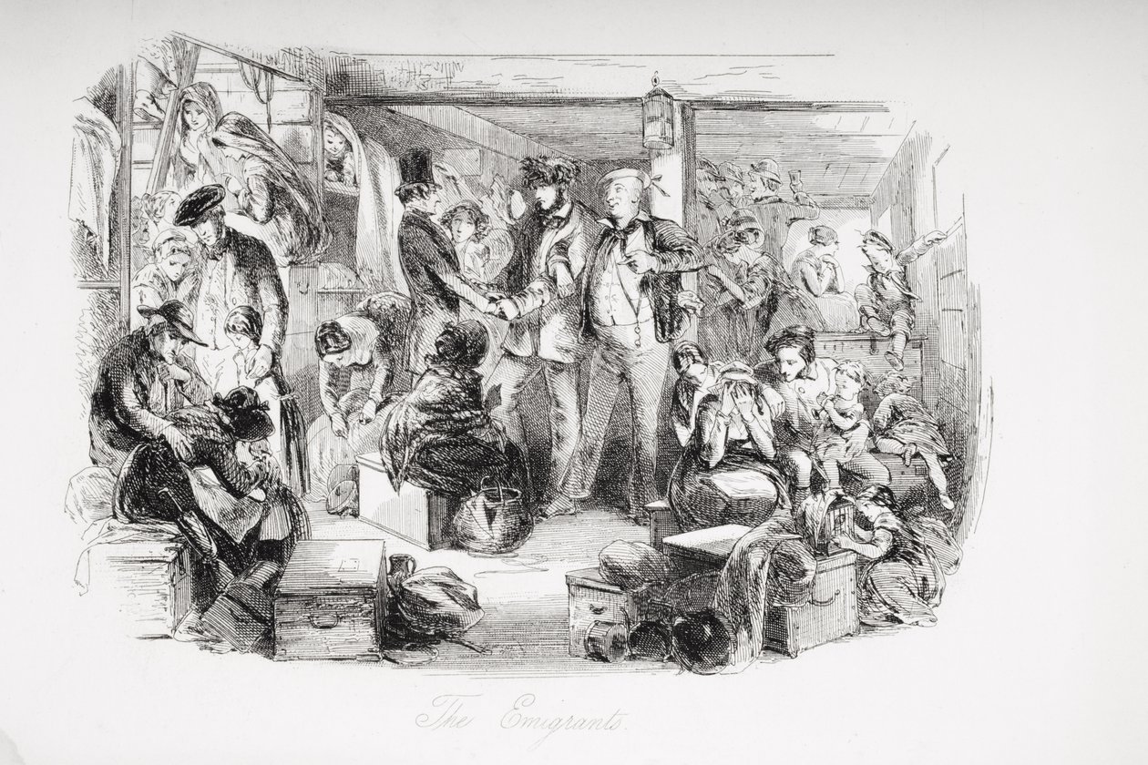Emigranci, ilustracja z „Dawida Copperfielda” Charlesa Dickensa (1812-70) po raz pierwszy opublikowana w 1850 r. (lito) autorstwa Hablot Knight Browne