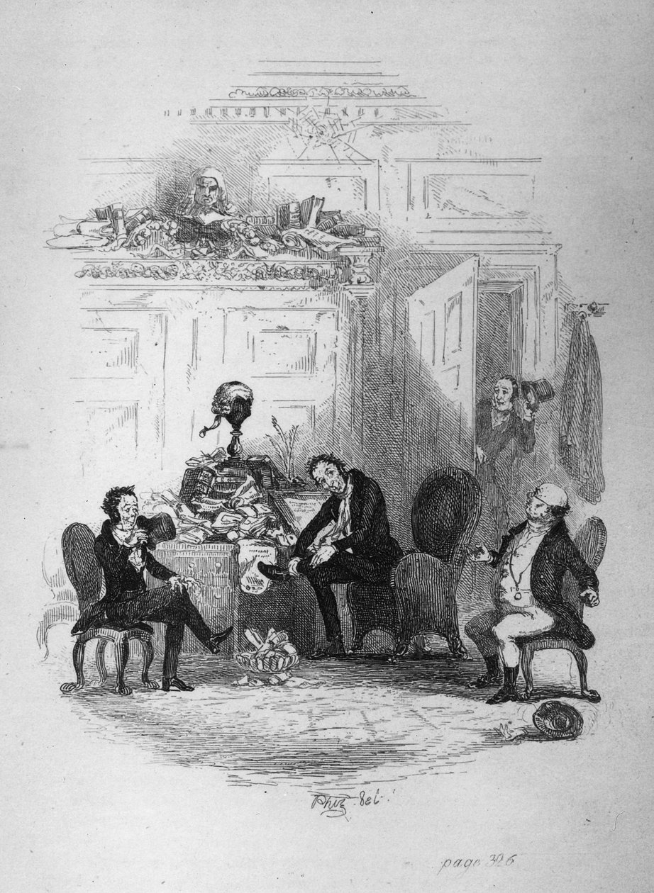 Pierwszy wywiad z panem Serjeantem Snubbinem, ilustracja z „The Pickwick Papers” Charlesa Darwina, 1837 autorstwa Hablot Knight Browne