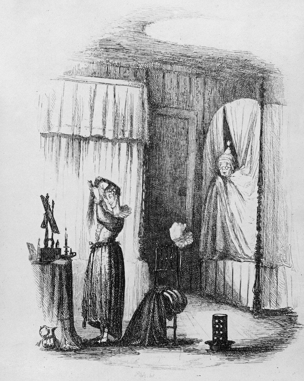 Dama w średnim wieku w pokoju dwuosobowym, ilustracja z „Papierów Pickwicka” Charlesa Dickensa, wydanej w 1837 r. autorstwa Hablot Knight Browne