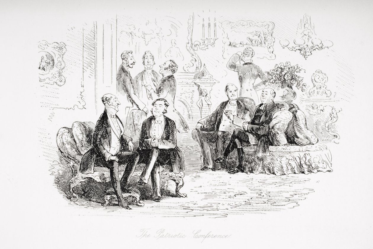 Konferencja Patriotyczna, ilustracja z „Little Dorrit” Charlesa Dickensa (1812-70) opublikowana po raz pierwszy w 1857 r. autorstwa Hablot Knight Browne