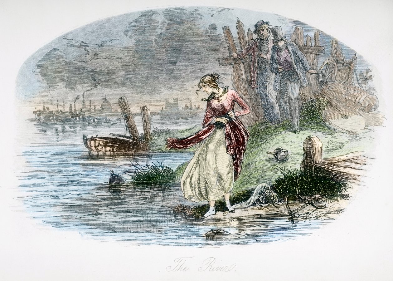 Rzeka, ilustracja z „Dawida Copperfielda” Charlesa Dickensa (1812-70) opublikowana po raz pierwszy w 1850 r. (późniejsze zabarwienie) autorstwa Hablot Knight Browne
