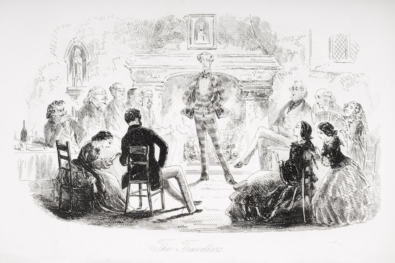 Podróżnicy, ilustracja z „Siedmiu biednych podróżników”, autorstwa Charlesa Dickensa (1812-70) opublikowana po raz pierwszy w 1854 r. autorstwa Hablot Knight Browne