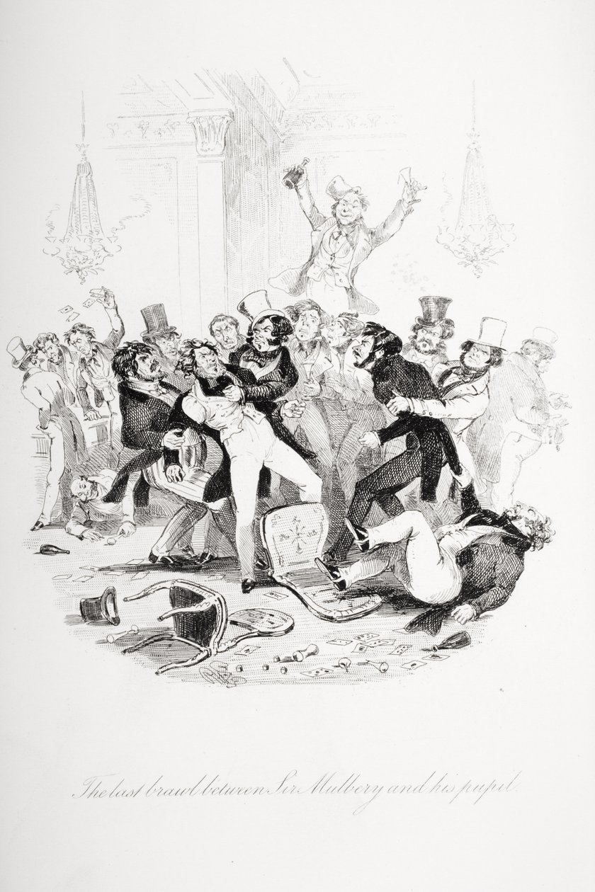 Ostatnia bójka między Sir Mulberry a jego uczniem, ilustracja z „Nicholas Nickleby” Charlesa Dickensa (1812-70) opublikowana w 1839 r. (zob. też 249149) autorstwa Hablot Knight Browne