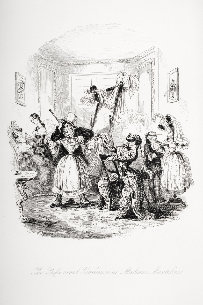 Profesjonalny dżentelmen u Madame Mantalini, ilustracja z „Nicholas Nickleby” Charlesa Dickensa (1812-70) opublikowana w 1839 r. autorstwa Hablot Knight Browne