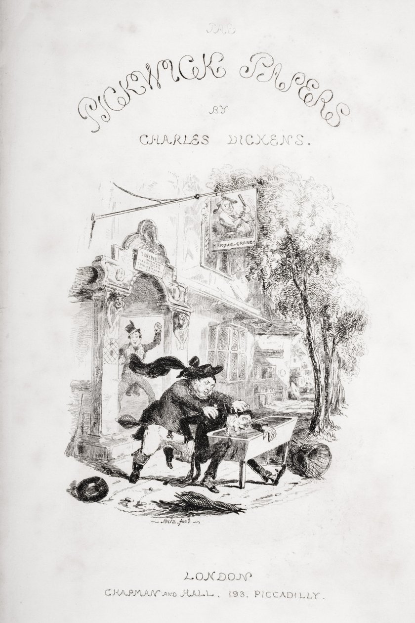 Strona tytułowa, ilustracja z „The Pickwick Papers” Charlesa Dickensa (1812-70) z 1837 r. autorstwa Hablot Knight Browne