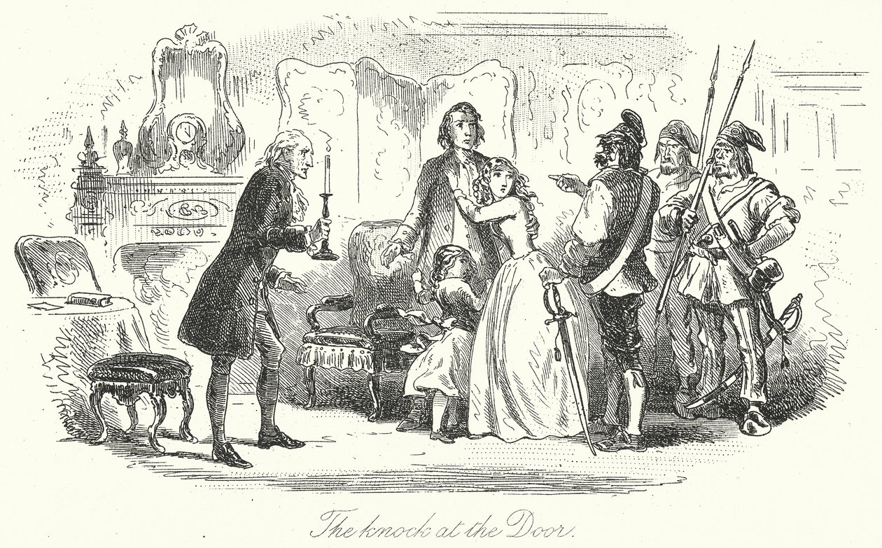 Pukanie do drzwi (grawerunek) autorstwa Hablot Knight (1815-92) (after) Browne