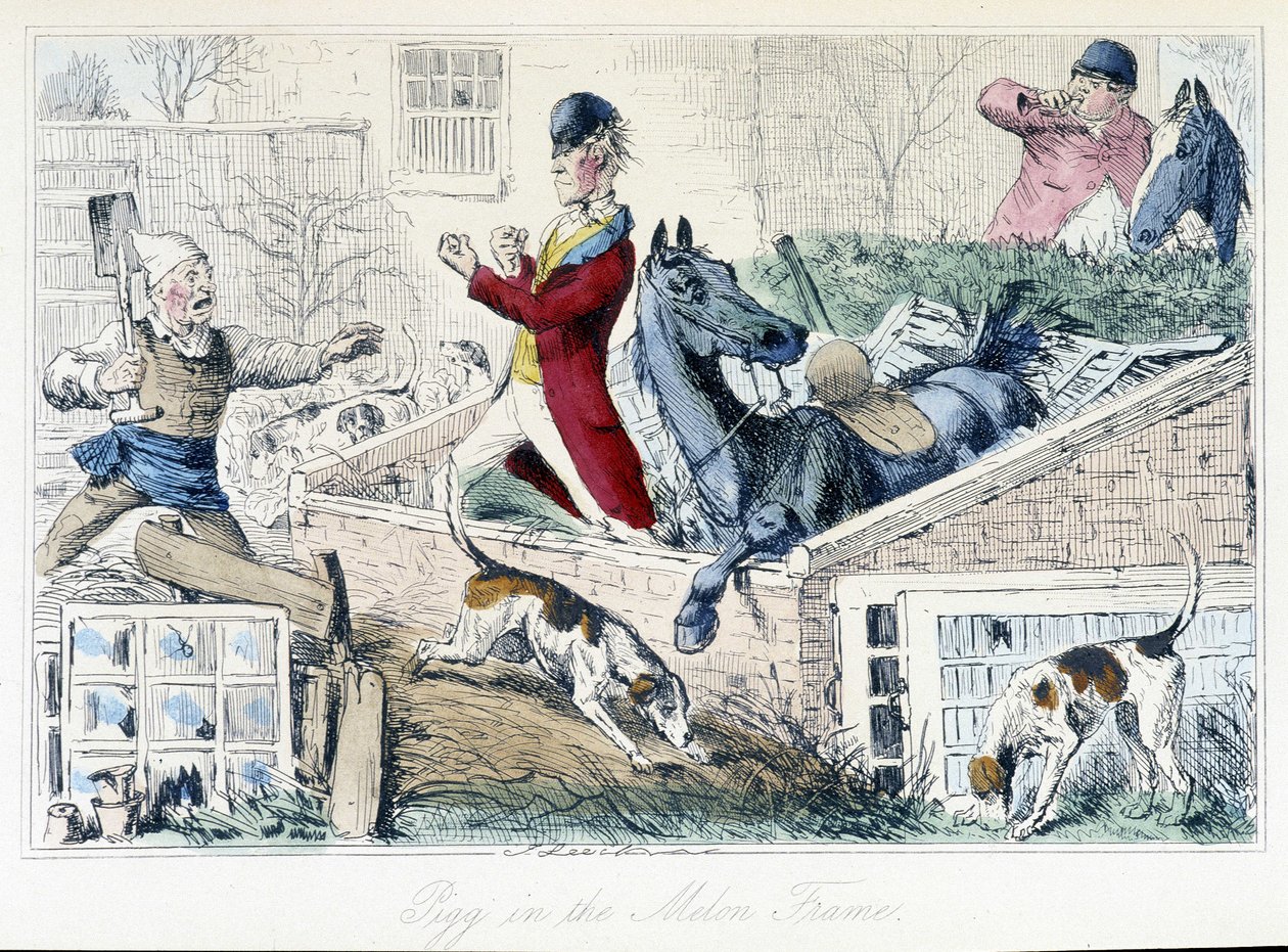 Walka między rolnikiem a myśliwym. Angielska karykatura o polowaniu na lisa z „Przygód Thomasa Scotta lub Hawbucka Grange”, ilustracja H.K. Browne i WT Maud. autorstwa Hablot Knight Browne