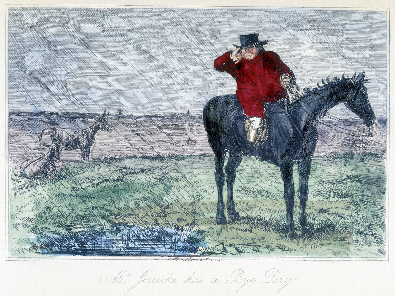 Scena polowania na konia w deszczowy dzień. Angielska karykatura polowania na lisa z "Przygód Thomasa Scotta lub Hauwbuck Grange", ilustracja H.K. Browne i W.T. Maud. autorstwa Hablot Knight Browne