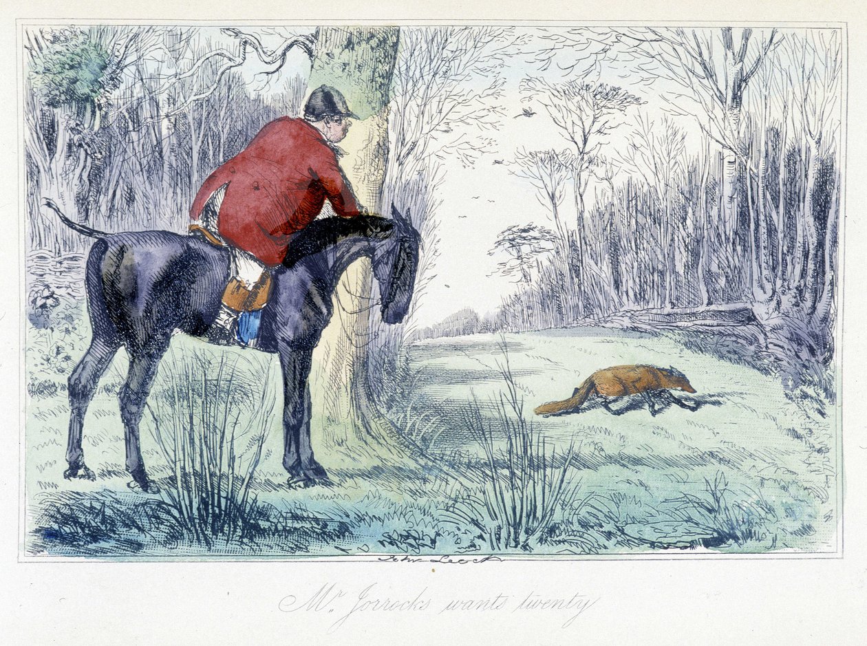 Scena polowania na koniu. Angielski komiks o polowaniu na lisa z "Adventures of Thomas Scott or Hawbuck Grange" ilustracja H.K. Browne i W.T. Maud. autorstwa Hablot Knight Browne