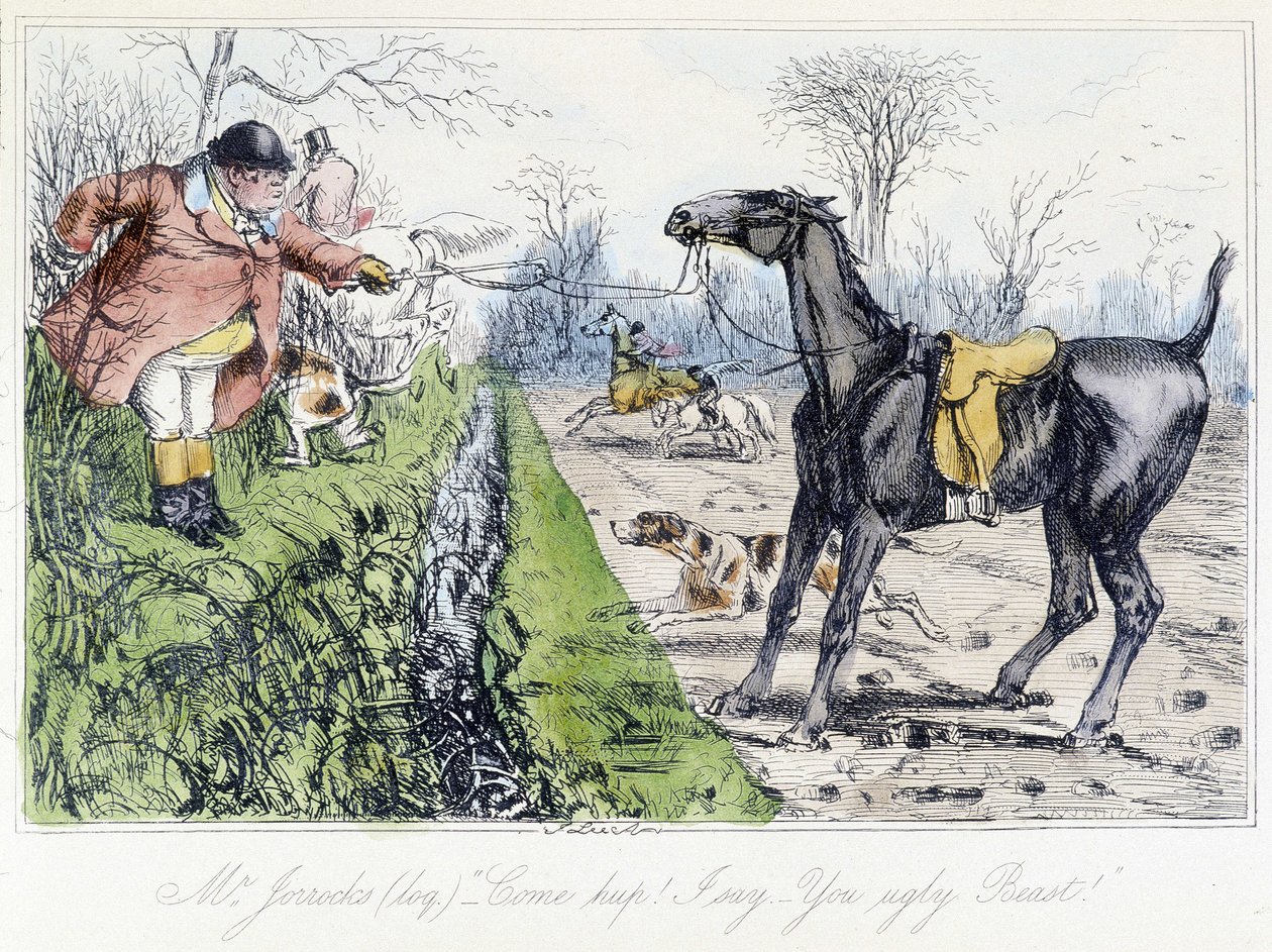 Scena polowania konnego. Angielska kreskówka o polowaniu na lisy z „”przygód Thomasa Scotta lub Hawbucka Grange”, ilustracja H.K. Browne i WT Maud. autorstwa Hablot Knight Browne