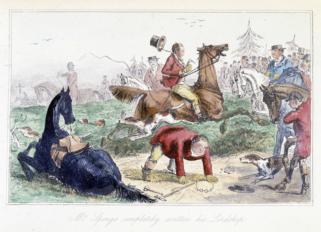 Hunter spada z konia. Angielska kreskówka z przygód Thomasa Scotta lub Hawbucka Grange’a”, ilustracja H.K. Browne i WT Maud. autorstwa Hablot Knight Browne