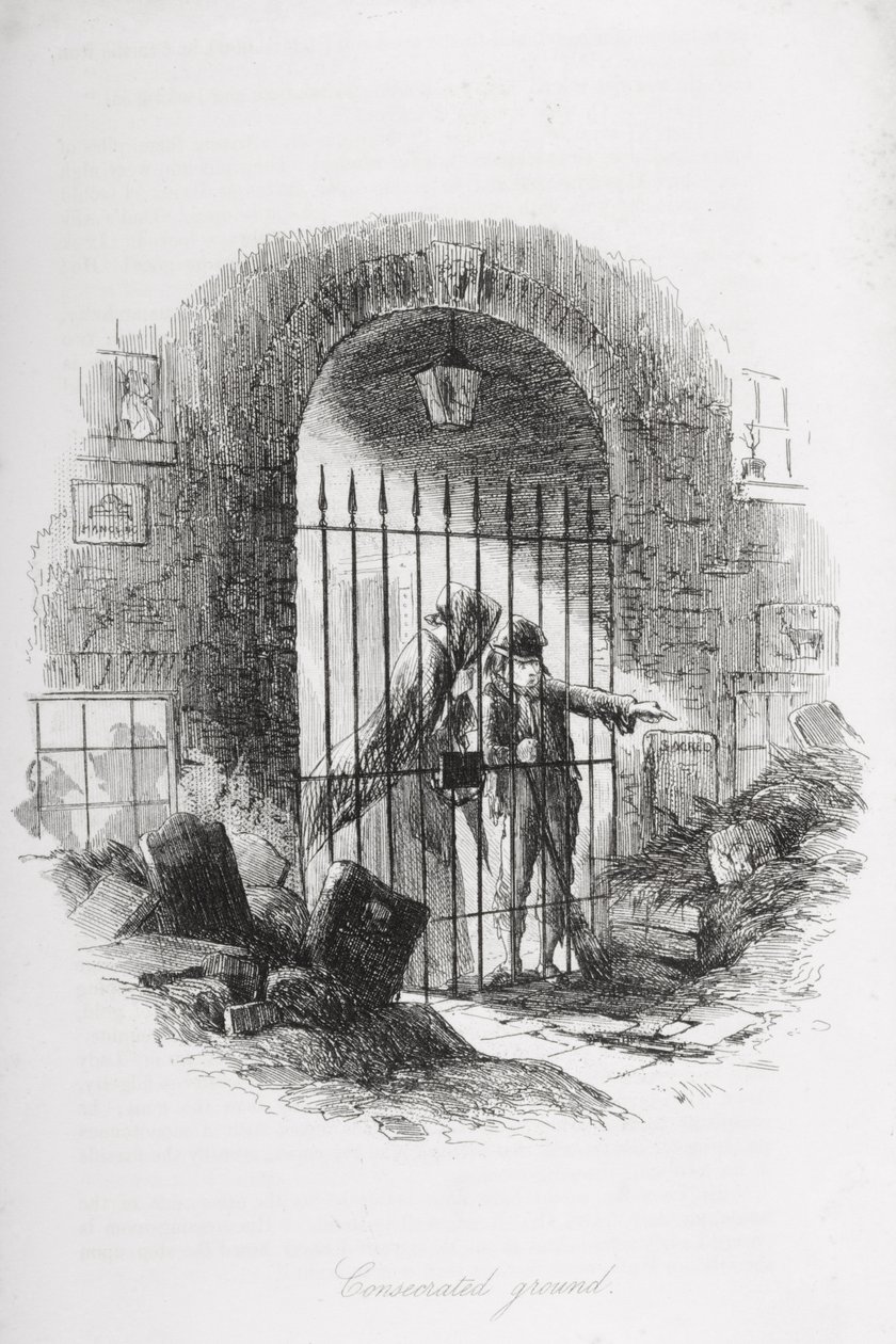 Konsekrowana ziemia, ilustracja z „Ponurego domu” Charlesa Dickensa (1812-70) opublikowana w 1853 r. autorstwa Hablot Knight Browne