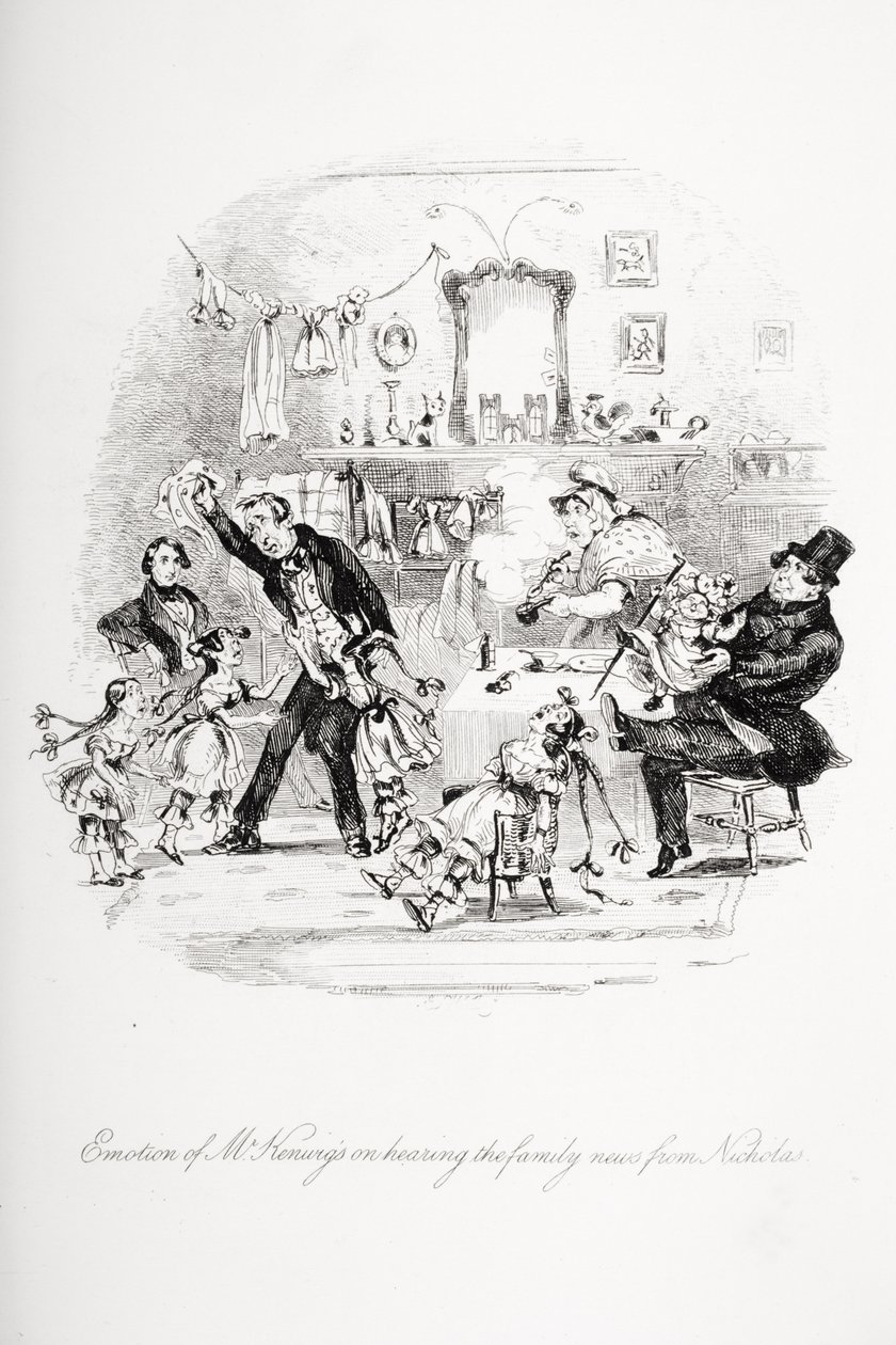 Wzruszenie pana Kenwigsa po usłyszeniu rodzinnych wieści od Mikołaja, ilustracja z „Nicholas Nickleby” autorstwa Charlesa Dickensa (1812-70) opublikowana w 1839 r. (patrz także 259138) autorstwa Hablot Knight Browne
