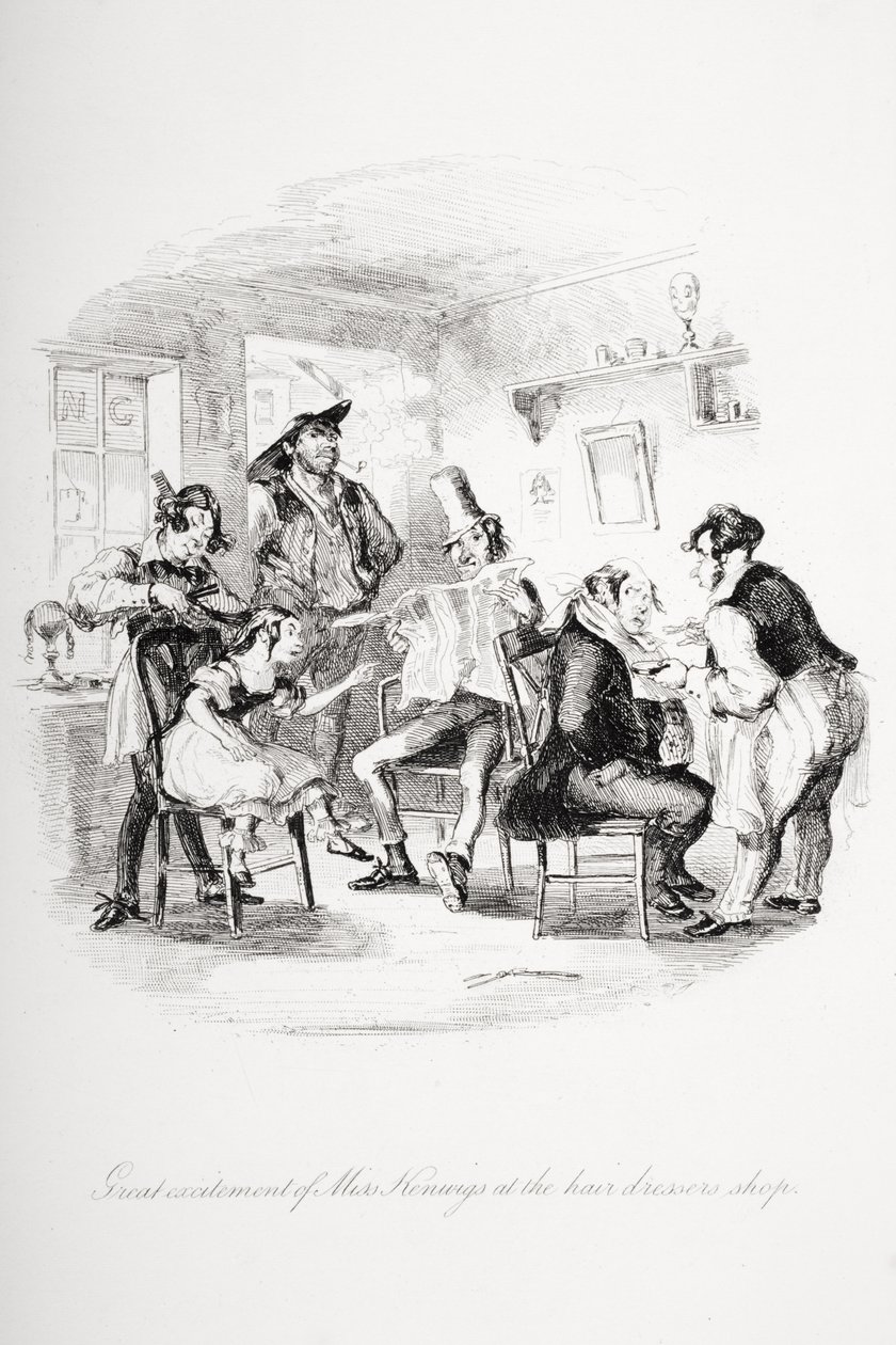Wielkie podekscytowanie panny Kenwigs w salonie fryzjerskim, ilustracja z „Nicholas Nickleby” Charlesa Dickensa (1812-70) wydana w 1839 r. (lito) autorstwa Hablot Knight Browne