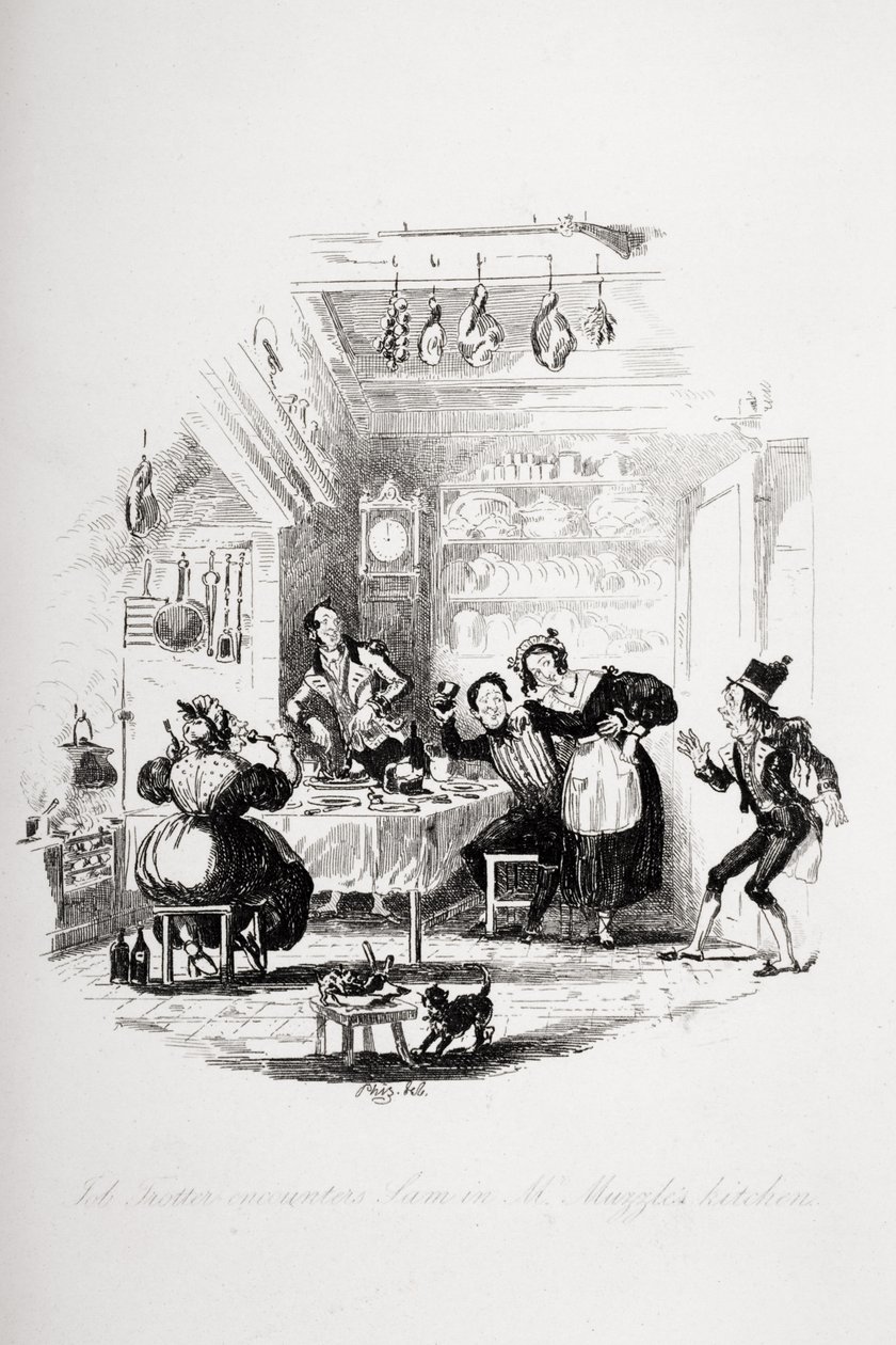Jobas Troteris susitinka su Samu pono Snukio virtuvėje, iliustracija iš Charleso Dickenso (1812–1870 m.) „Pickwick Papers“, išleisto 1837 m. (taip pat žr. 259100) Poli autorstwa Hablot Knight Browne