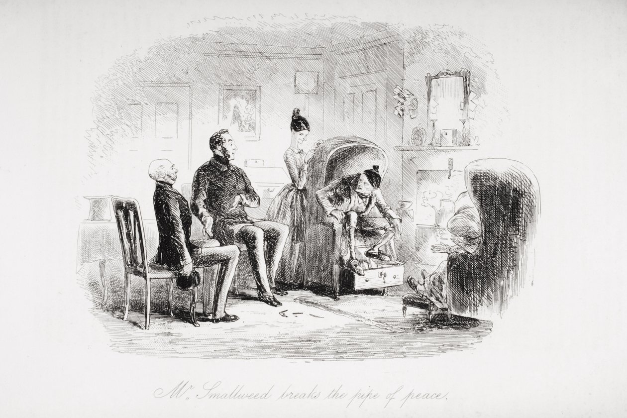 Pan Smallweed łamie fajkę pokoju, ilustracja z „Ponurego domu” Charlesa Dickensa (1812-70) opublikowana w 1853 roku autorstwa Hablot Knight Browne