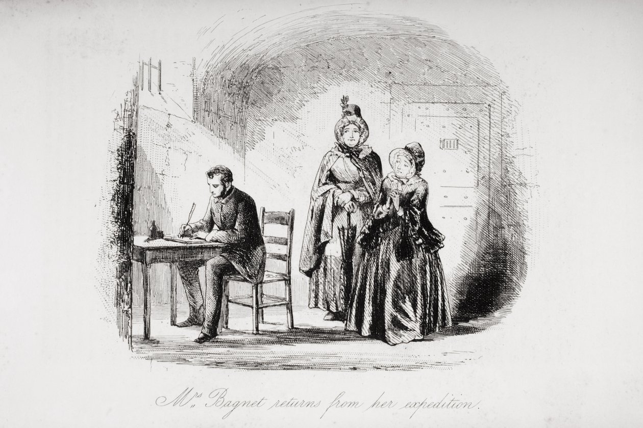 Pani Bagnet wraca z wyprawy, ilustracja z „Ponurego domu” Charlesa Dickensa (1812-70) opublikowana w 1853 roku autorstwa Hablot Knight Browne