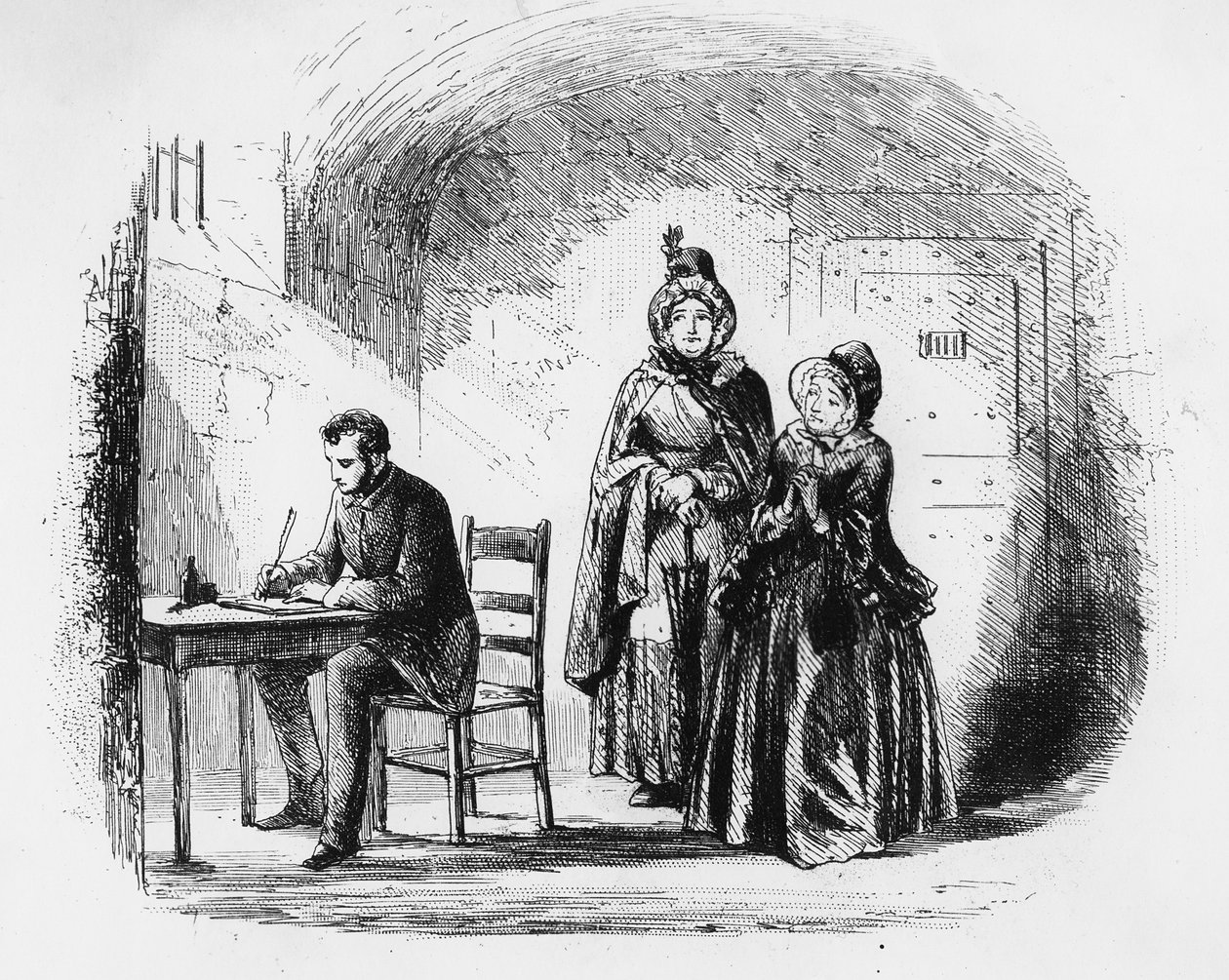 Pani Bagnet wraca z wyprawy, ilustracja z „Ponurego domu” Charlesa Dickensa (1812-70) opublikowana w 1853 roku autorstwa Hablot Knight Browne