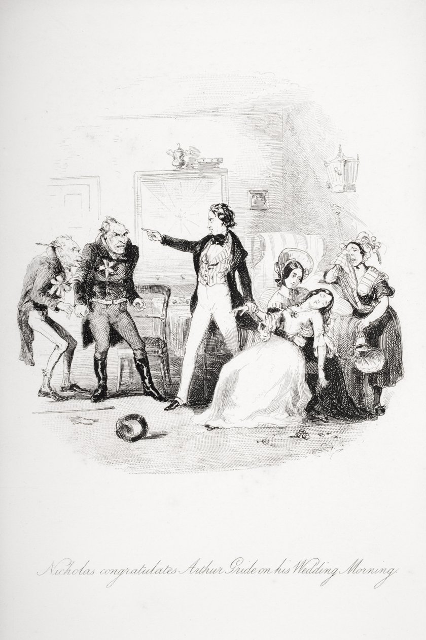 Nicholas gratuluje Arthurowi Gride w poranek poślubny, ilustracja z „Nicholas Nickleby” autorstwa Charlesa Dickensa (1812-70) opublikowana w 1839 r. (patrz także 259152) autorstwa Hablot Knight Browne