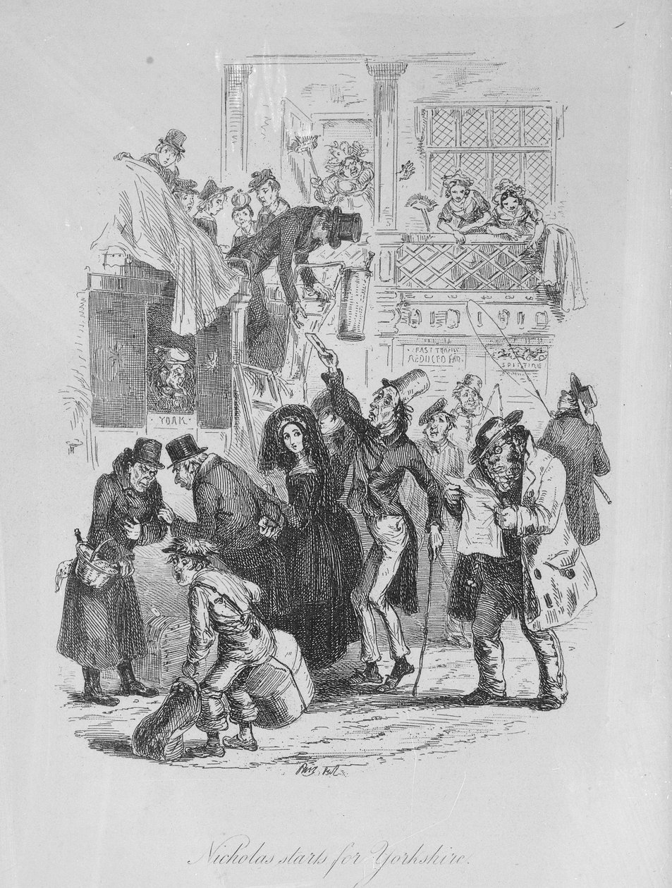 Nicholas wyrusza do Yorkshire, ilustracja z „Nicholas Nickleby” Charlesa Dickensa (1812-70) opublikowana w 1839 r. (lito) autorstwa Hablot Knight Browne