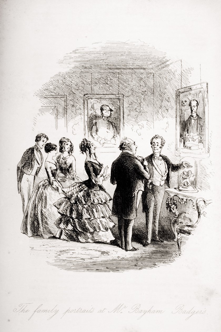 Portrety rodzinne u pana Bayhama Badgera, ilustracja z „Ponurego domu” Charlesa Dickensa (1812-70) wydana w 1853 r. (lito) autorstwa Hablot Knight Browne