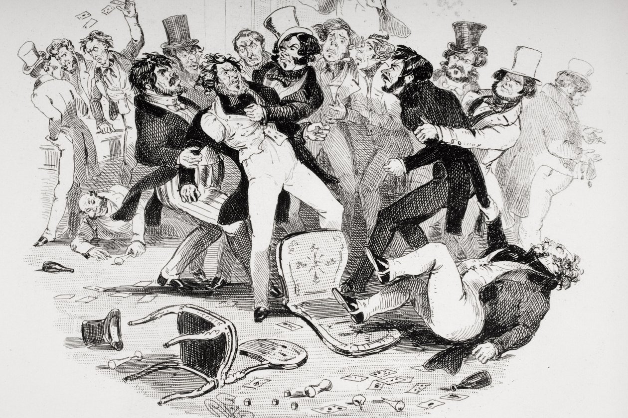 Ostatnia bójka między Sir Mulberry a jego uczniem, ilustracja z „Nicholas Nickleby” Charlesa Dickensa (1812-70) opublikowana w 1839 r. (litografia) (patrz także 249150) autorstwa Hablot Knight Browne