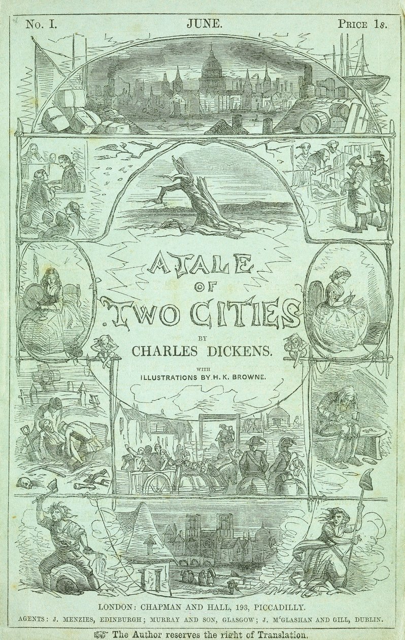 Strona tytułowa z pierwszej części pierwszego wydania w odcinkach książki "Opowieść o dwóch miastach" Charlesa Dickensa, 1859 autorstwa Hablot Knight Browne