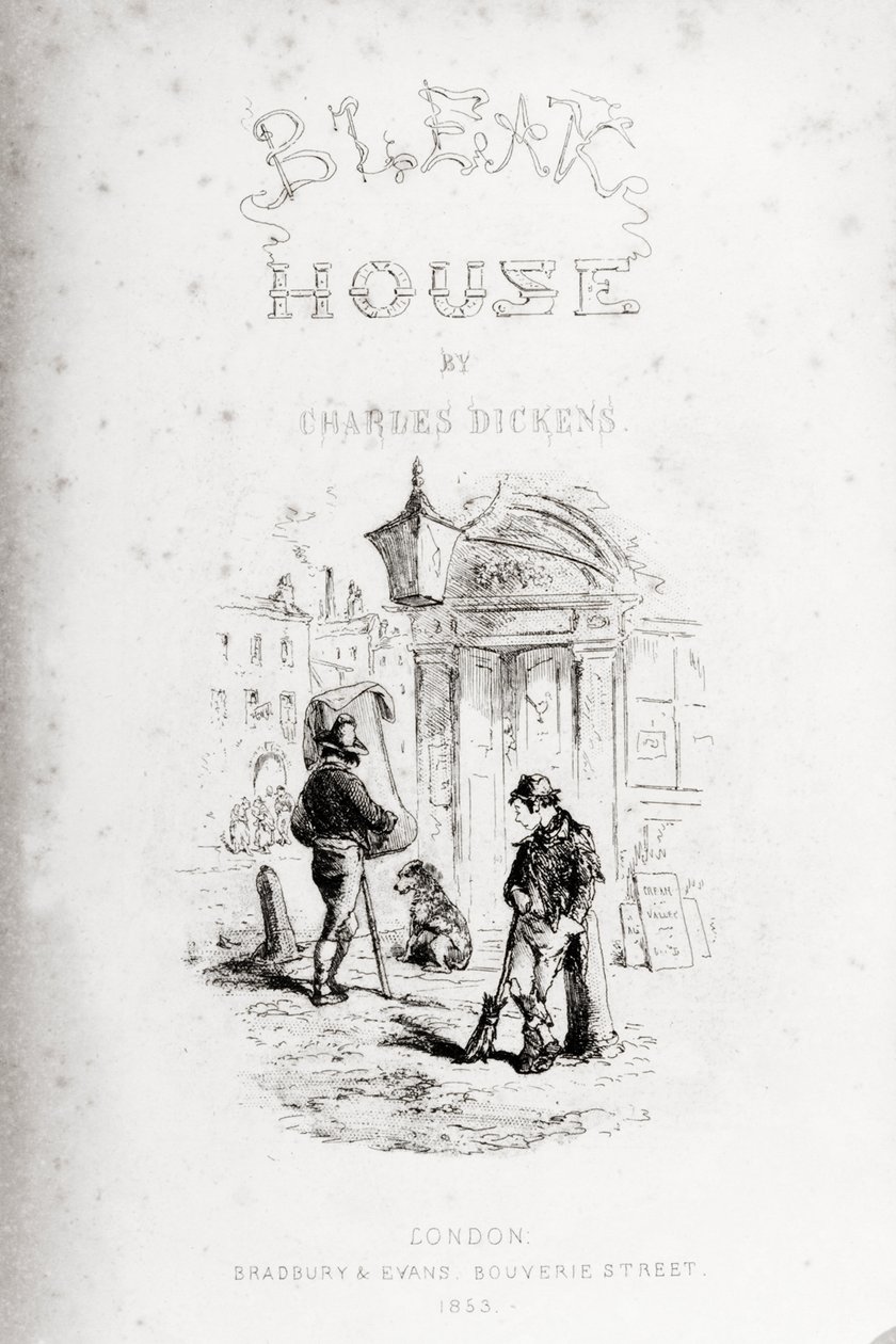 Strona tytułowa „Ponurego domu” Charlesa Dickensa (1812-70) wydanej w 1853 r. autorstwa Hablot Knight Browne