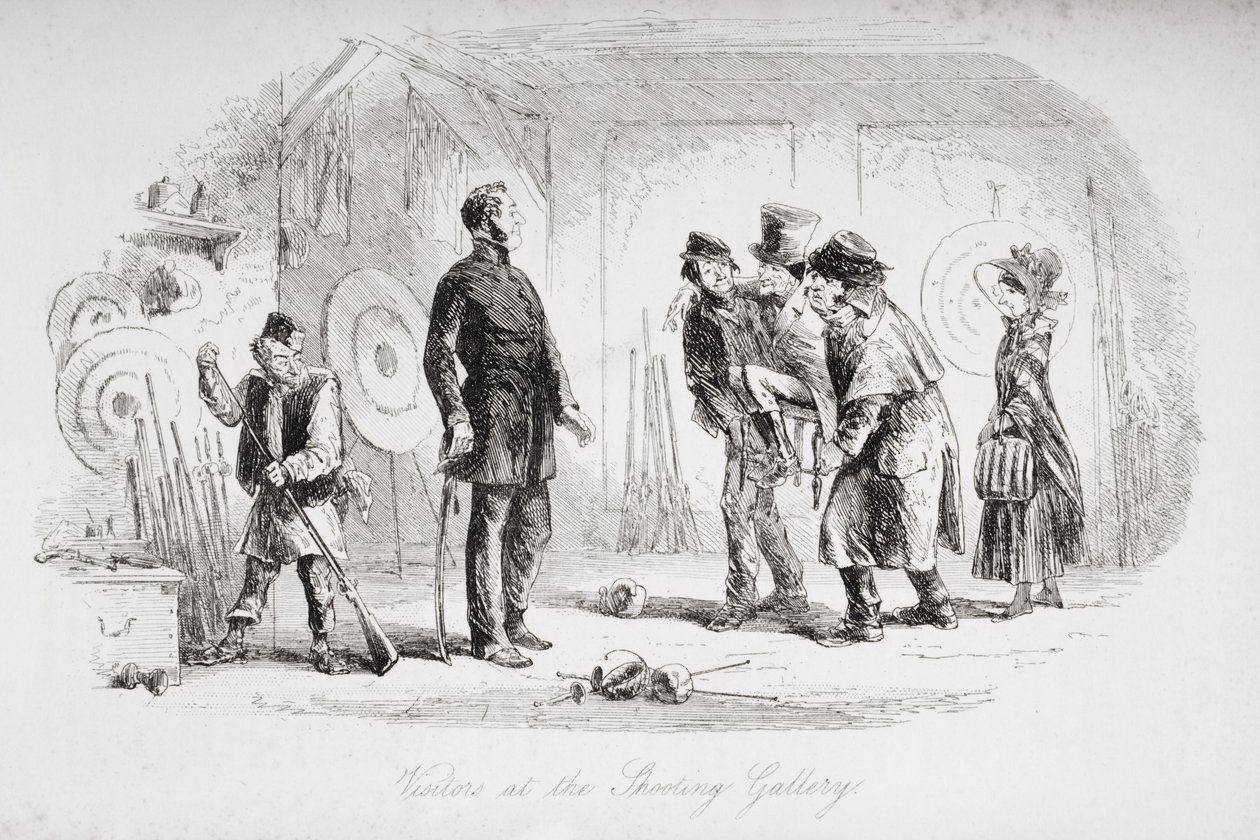 Odwiedzający strzelnicę, ilustracja z „Ponurego domu” Charlesa Dickensa (1812-70) opublikowana w 1853 r. autorstwa Hablot Knight Browne