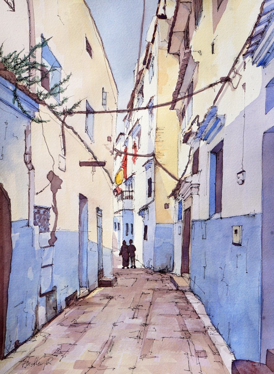 Spokojny spacer, Chefchaouen, Maroko, ok. 2024 r. (akwarela i tusz) autorstwa Hadley Rampton