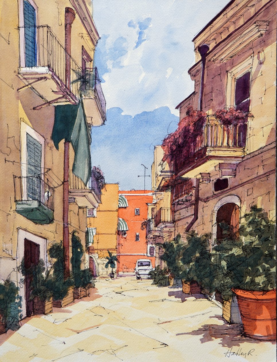 Stare Miasto, Bari, Włochy, ok. 2024 (akwarela i tusz na papierze) autorstwa Hadley Rampton