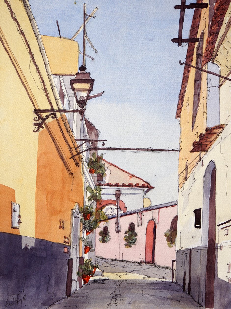 Boczna uliczka, Positano, Włochy, ok. 2024 (akwarela i tusz) autorstwa Hadley Rampton