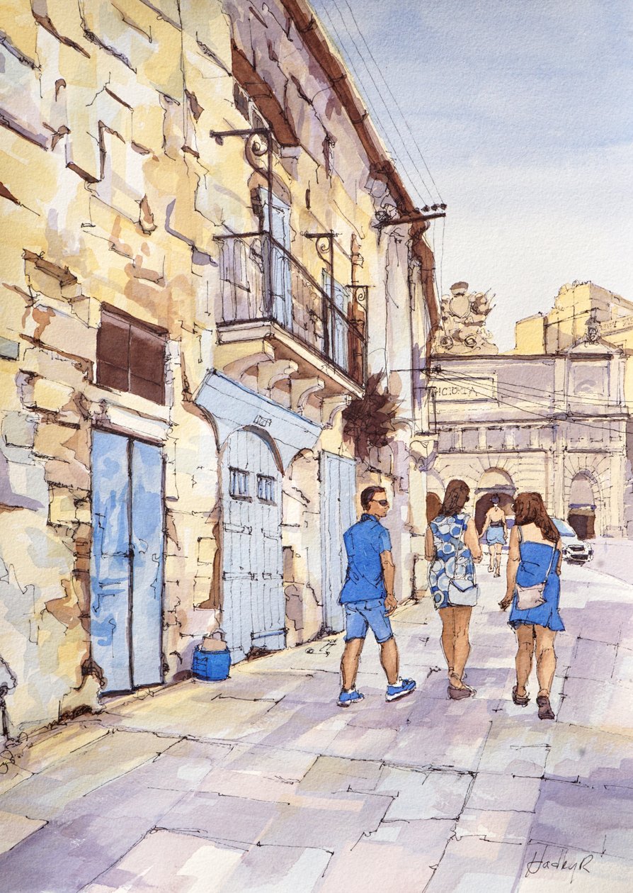 Trójka w błękicie, Valletta, Malta, ok. 2024 r. (akwarela i tusz) autorstwa Hadley Rampton