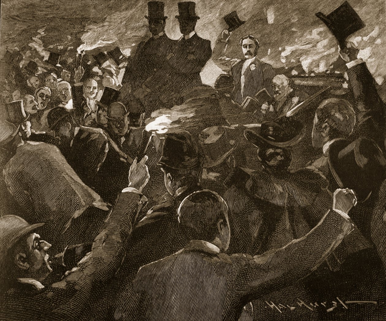 Mr Balfour w Dublinie: procesja z pochodniami, ilustracja z „Ilustrowanej historii Anglii Cassella” (rycina) (zdjęcie w sepii) autorstwa Hal Hurst