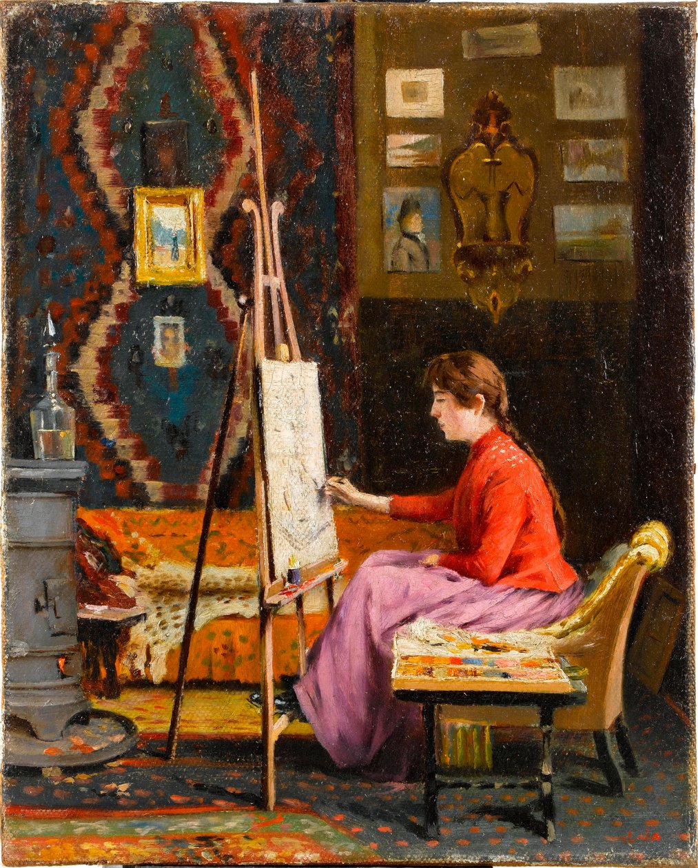 ""Młoda malarka w swojej pracowni"" (Dziewczyna malarka i jej pracownia) Obraz Halila Paszy (Pasa, Pacha)(1857-1939) 1939 Olej na płótnie Wym. 41x33 cm Muzeum Sakip Sabanci, Stambuł autorstwa Halil Pasha