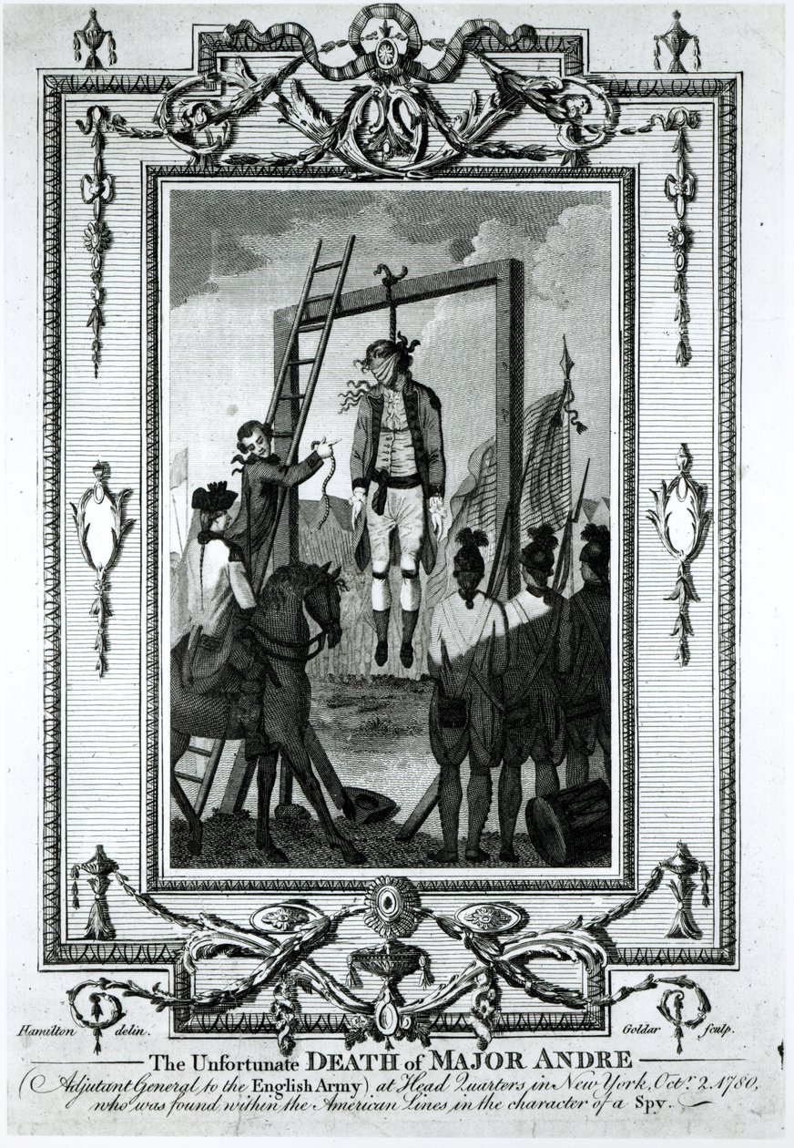 Niefortunna śmierć majora Andre, adiutanta generalnego armii angielskiej, w kwaterze głównej w Nowym Jorku, 2 października 1780, grawerowana przez Johna Goldara (1729-1795) autorstwa Hamilton