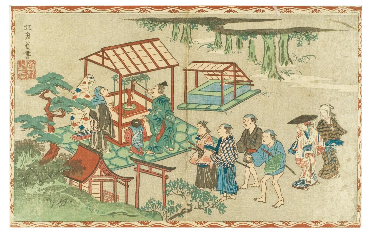 Wizyta w świątyni Shinto, ok. 1830-1839 (drzeworyt na papierze) autorstwa Hanabusa Itcho