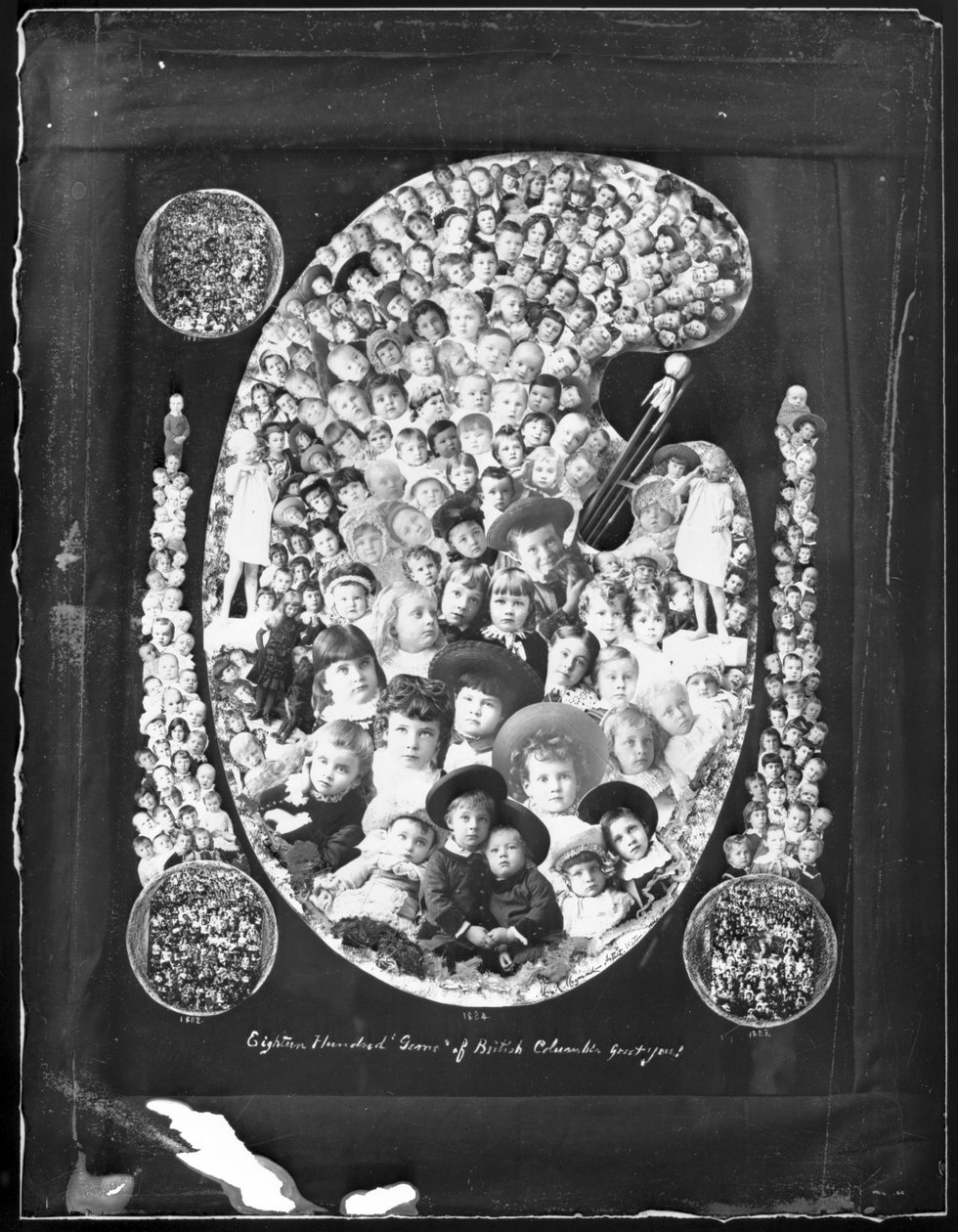 1884; Osiemnaście setek klejnotów Kolumbii Brytyjskiej Witaj!; zdjęcie złożone z portretów dziecięcych wykonanych rok wcześniej, 1885 (zdjęcie bw) autorstwa Hannah Maynard