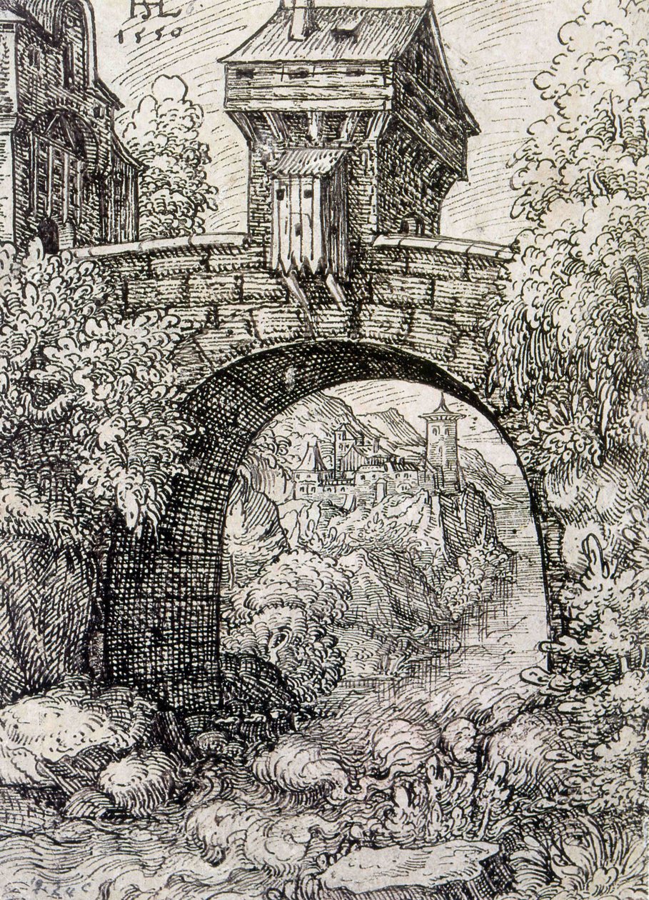 Wieś z bramą mostową i wodą, ok. 1550 (akwaforta) autorstwa Hanns Sebald Lautensack