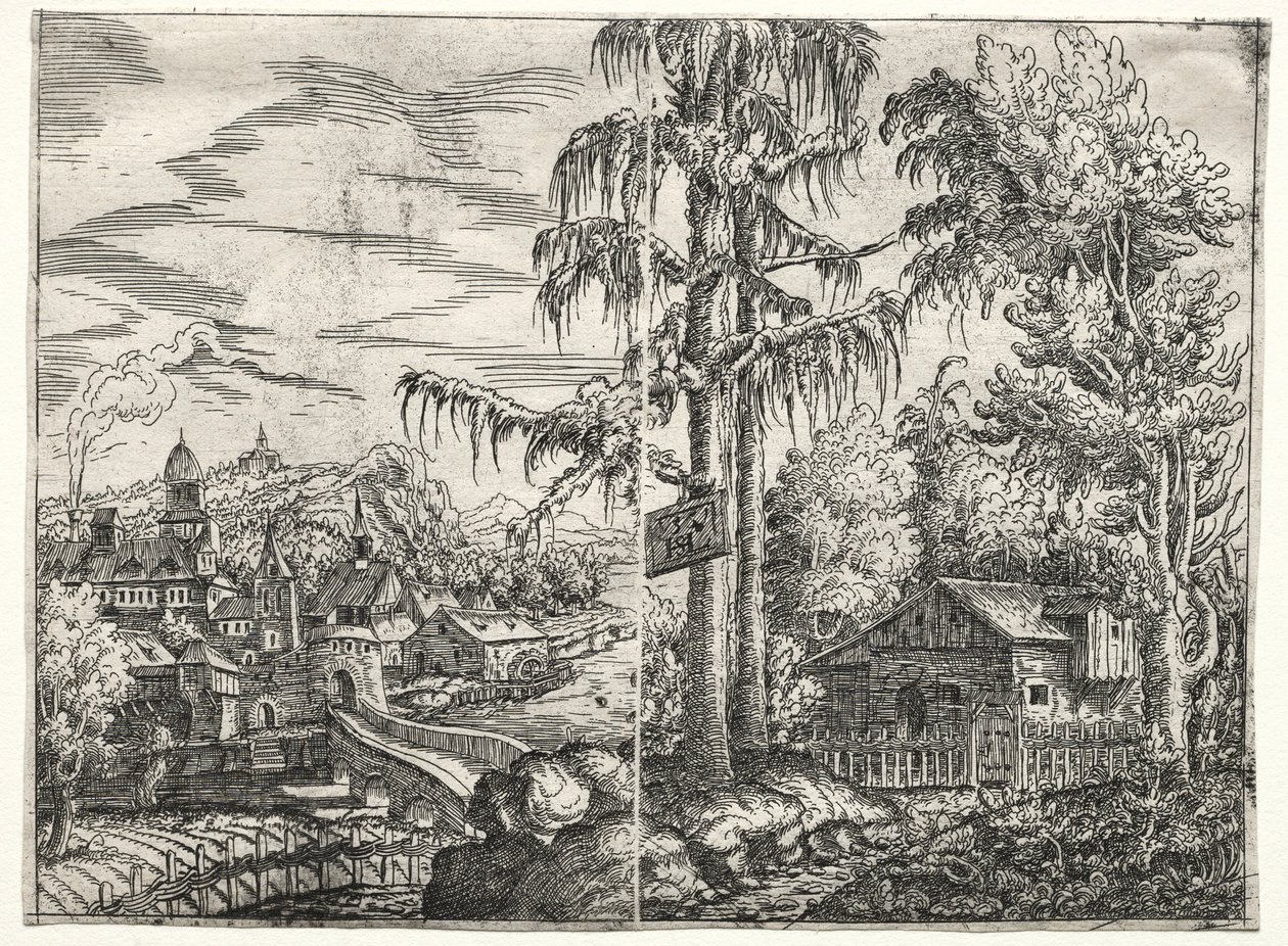 Krajobraz z miastem nad rzeką i chatą między drzewami, 1551. autorstwa Hanns Sebald Lautensack
