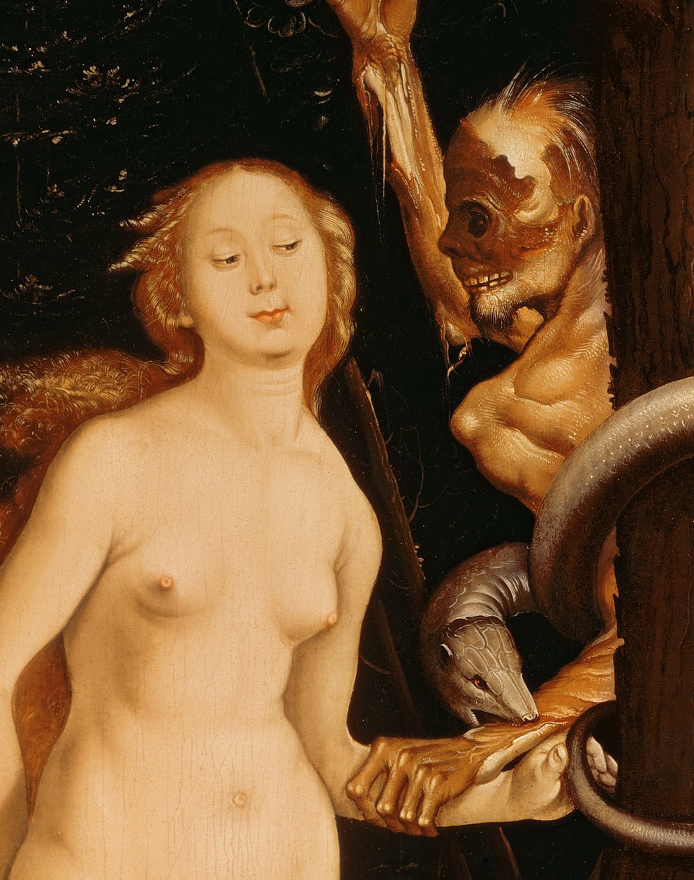 Ewa, wąż i śmierć, olej na detalu panelu z 35456 autorstwa Hans Baldung Grien