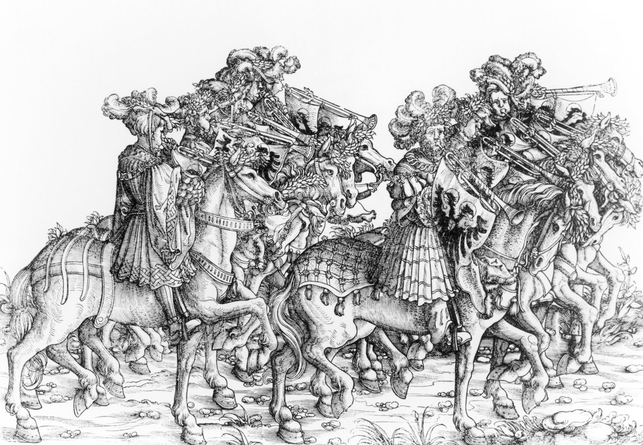 Grupa konnych trębaczy, z „Pochodu triumfalnego Maksymiliana”, ok. 1516-18 autorstwa Hans Burgkmair