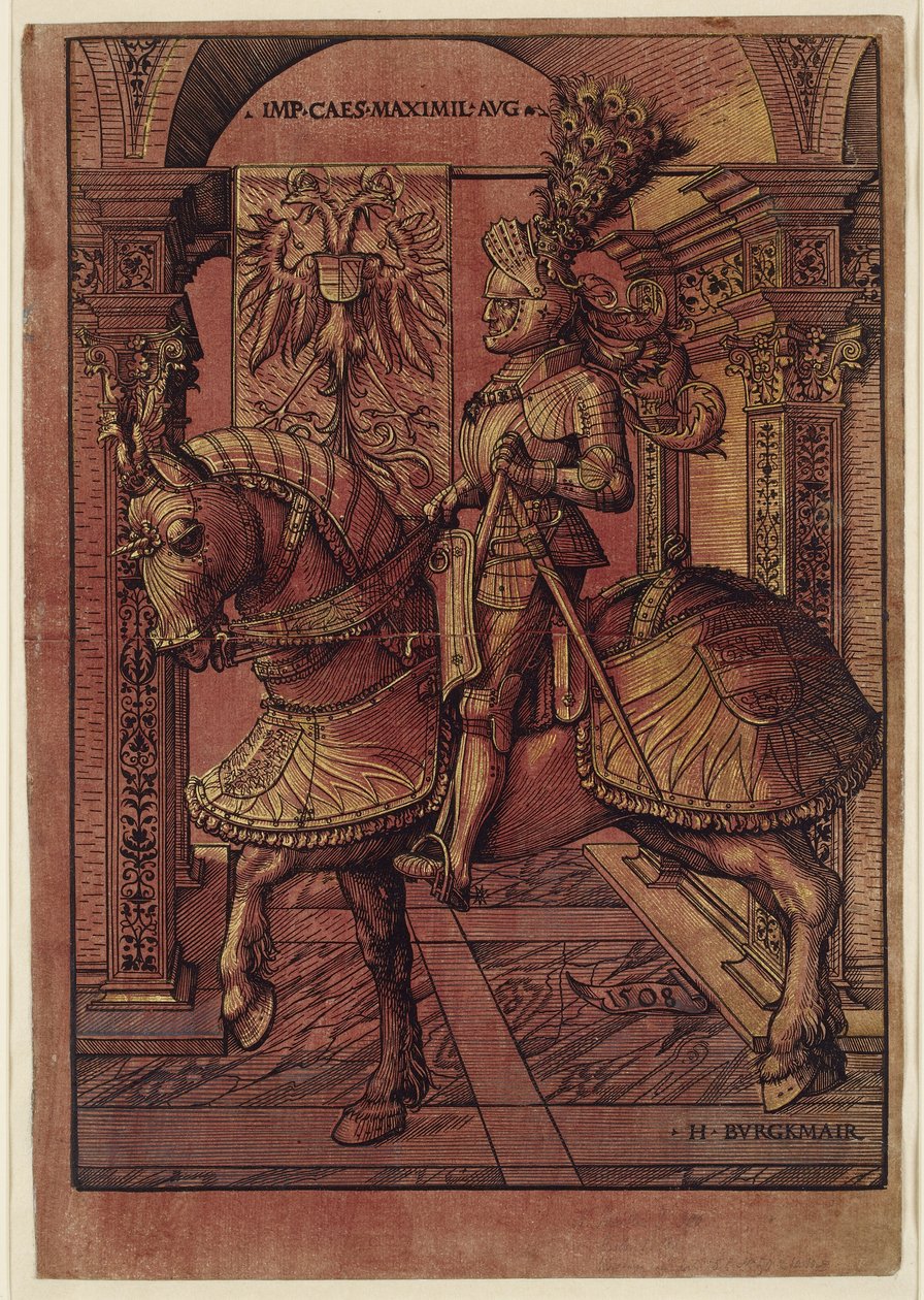 Cesarz Maksymilian I uzbrojony na koniu, 1508 (drzewo światłocieniowe) autorstwa Hans Burgkmair