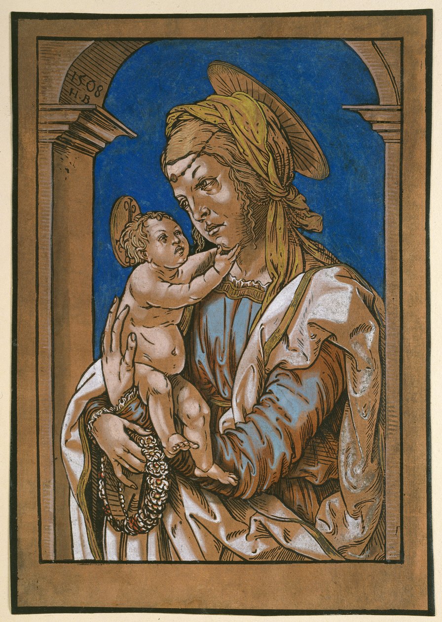 Madonna z Dzieciątkiem pod łukiem, 1508 (drzeworyt, przemalowany akwarelą i bodycolorem) autorstwa Hans Burgkmair