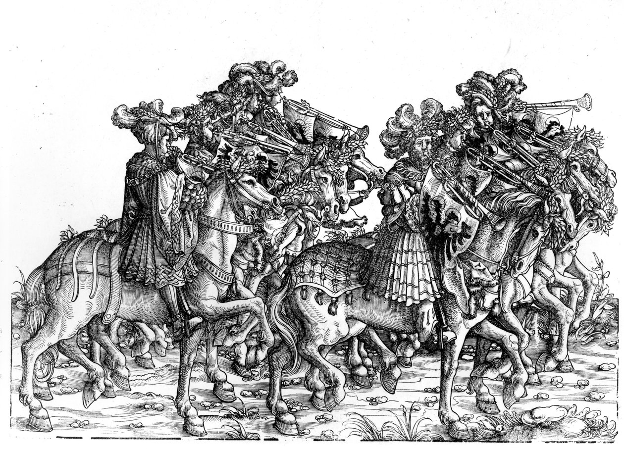 Dziesięciu muzyków z trąbkami, z procesji triumfalnej cesarza Maksymiliana I, ok. 1517 autorstwa Hans Burgkmair