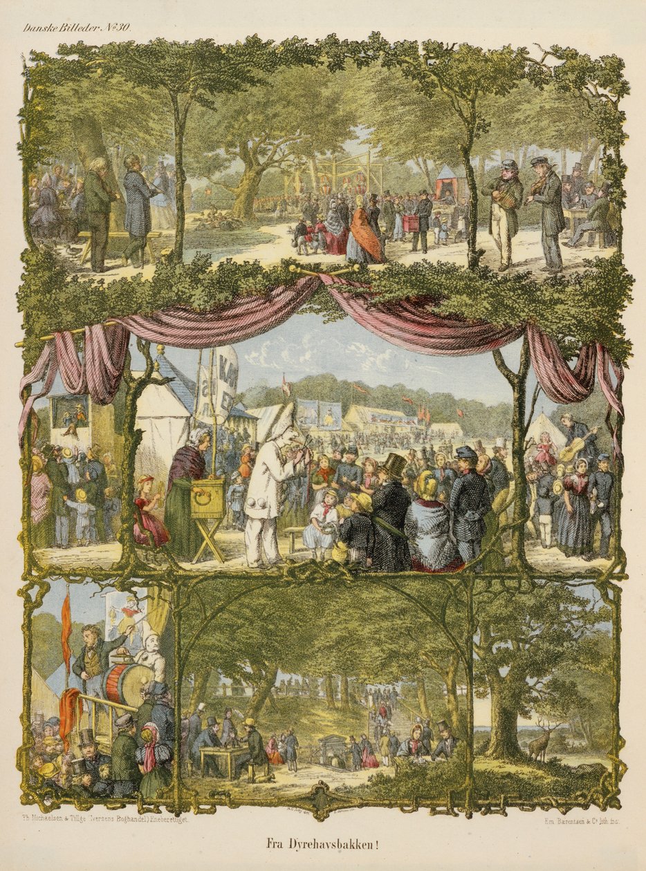 Scena z duńskiego jarmarku hrabstwa, Fra Dyrehavsbakken, z gazety opublikowanej przez Michaelsen & Tillage, 1850 autorstwa Hans Christian Ley