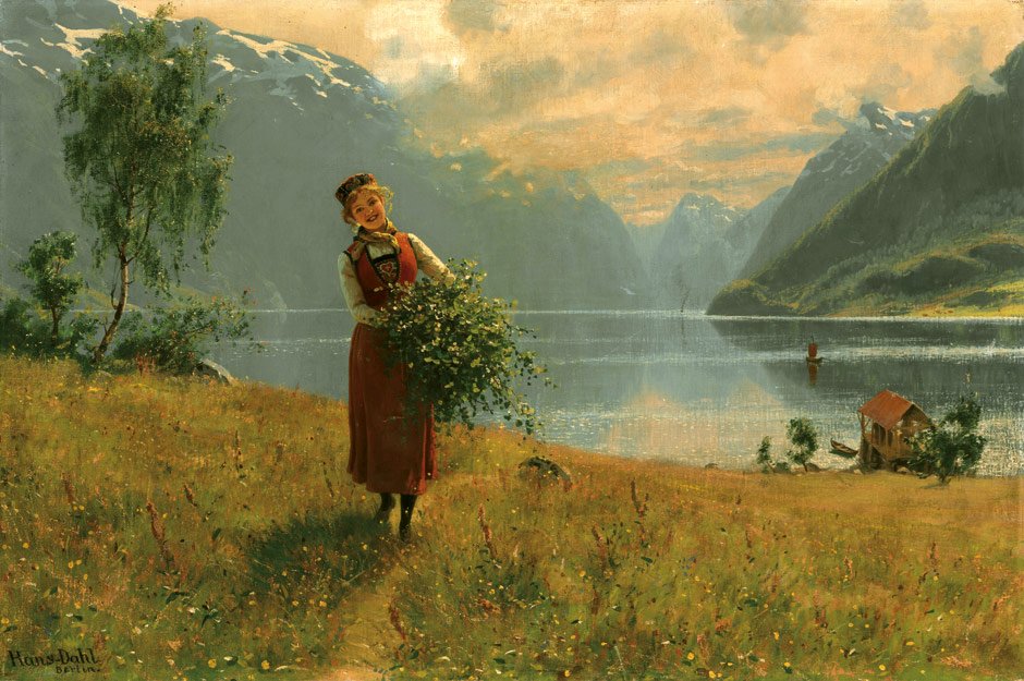 Młoda dziewczyna z gałęziami brzozy przed norweskim fiordem. autorstwa Hans Dahl