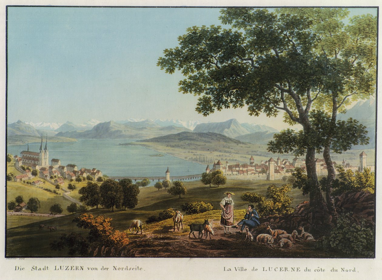 »Miasto LUCERNA, North View.« Kolorowa akwaforta Hansa Heinricha Kellera vom Steinbock autorstwa Hans Heinrich Keller vom Steinbock